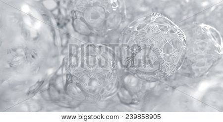 3d illustration of a group of abstract delicate metal wireframe objects with small depth of field