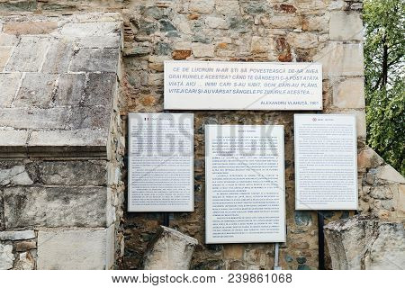 Targu Neamt, Romania - September 5, 2017: The Brief History For Tourists In English, Romanian And Fr