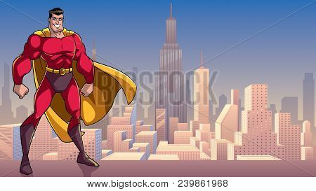 Smiling Superhero Standing Tall On City Background With Copy Space.
