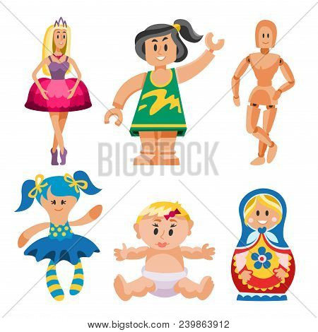 Different Dolls Toy Character Game Dress And Farm Scarecrow Rag-doll Vector Illustration. Pretty Und