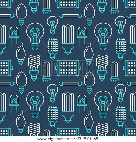 Light Bulbs Seamless Pattern With Flat Line Icons. Led Lamps Types, Fluorescent, Filament, Halogen, 