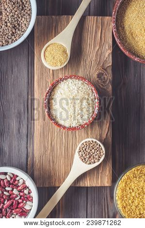 Set Traditional Organic Vegan Ingredient Super Food In Middle East And Asian Cooking Cereals Red Len