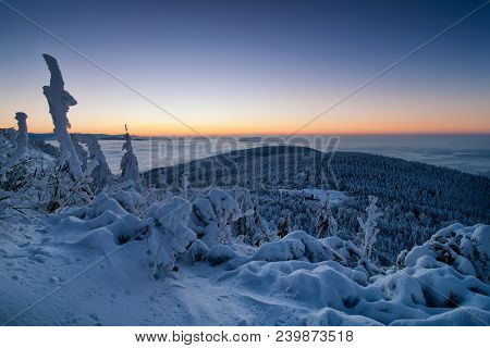 Amazing View From Jested Mountain Peak. Typical Snowy Morning, Czech Republic.