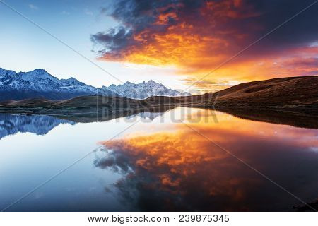 Mountain Lake. Beautiful Sunrise. Morning Landscape. Koruldi Lake. Main Caucasian Ridge. Svaneti Geo