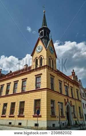 Historic Town Hall With A Clock Tower On The Market Square In The City Of Vidnava In The Czech Repub