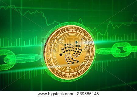Crypto Currency. Block Chain. Iota. 3d Isometric Physical Golden Iota Coin With Wireframe Chain. Blo