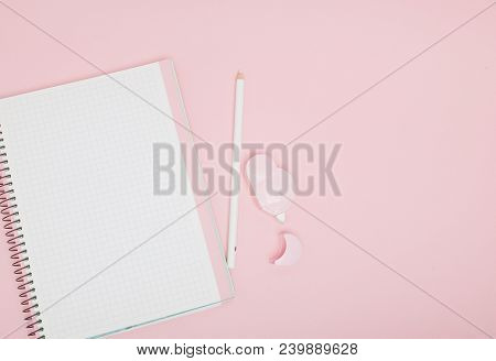 Notebook, White Sheet, Pencil, Proofreader Pink Background Instagram Concept