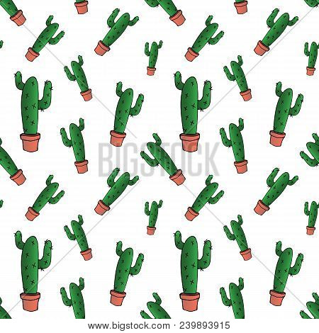 Home Green Cactus In Brown Pot In Gradient Colors, Seamless Pattern Isolated On White Background, St