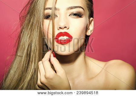 Portrait Of Happy Superb Cute Sexual Young Woman With Stylish Makeup Ruby Lips Perfect Skin Bare Sho