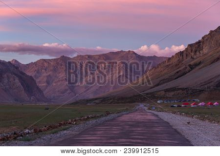 Beautiful sunrise landscape of the mountain valley in Sarchu camp stay in Ladakh, Northern India