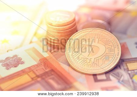 Shiny Golden Digibyte Cryptocurrency Coin On Blurry Background With Euro Money Token