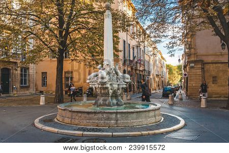 Aix-en-provence, France - October 9, 2009: Fountain Of Four Dolphins Or Fontaine Des Quatre-dauphins