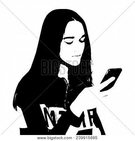 Black And White Square Portrait Of Young Girl With A Smartphone In Hand. Young Girl Beautiful Graffi