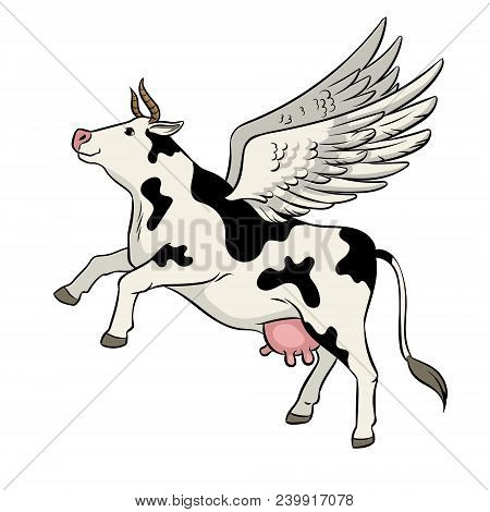 Fake Flying Cow Farm Animal Pop Art Retro Vector Illustration. Isolated Image On White Background. C