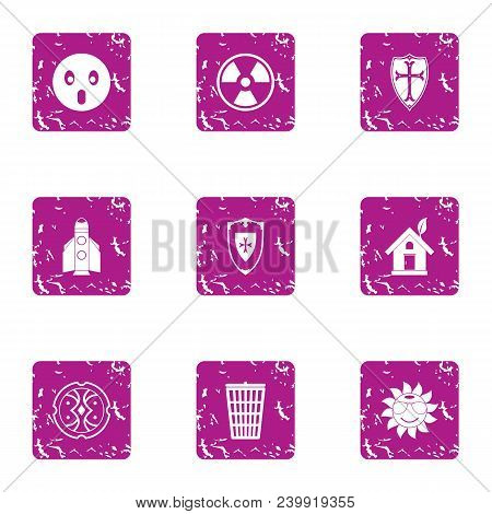 Eco Defend Icons Set. Grunge Set Of 9 Eco Defend Vector Icons For Web Isolated On White Background