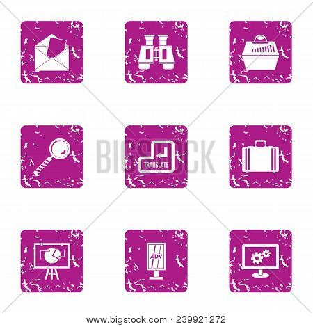 Business Resource Icons Set. Grunge Set Of 9 Business Resource Vector Icons For Web Isolated On Whit