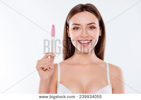 Wow I Am Pregnant! Close Up Portrait Of Attractive Beautiful Cute Tender Lovely Amazed Astonished Wo
