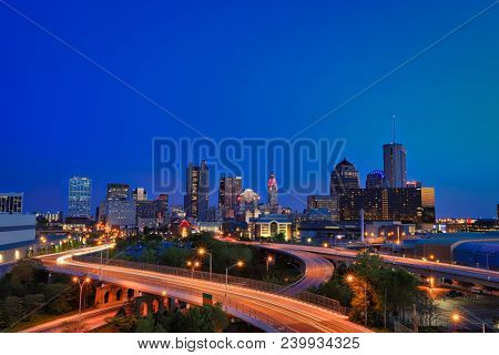 Looking south at the city of Columbus Ohio skyline at sunset.