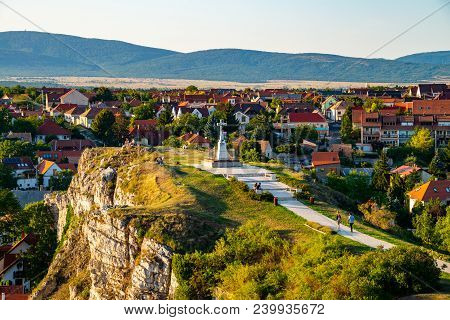 Veszprem, Hungary. Aerial View Of Monument From Castle Hill In The Evening In Veszprem, Hungary. Cle