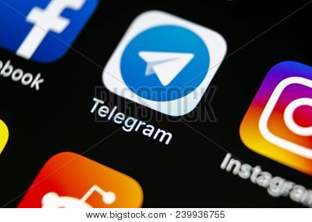 Sankt-petersburg, Russia, May 10, 2018: Telegram Application Icon On Apple Iphone X Screen Close-up.