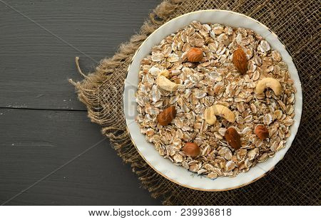 Muesli With Nuts. Muesli On A Wooden Table. Muesli Top View . Healthy Food