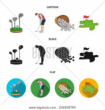 Stand For A Golf Club, Muzhchin Playing With A Club, Basket With Balls, Label With A Flag On The Gol