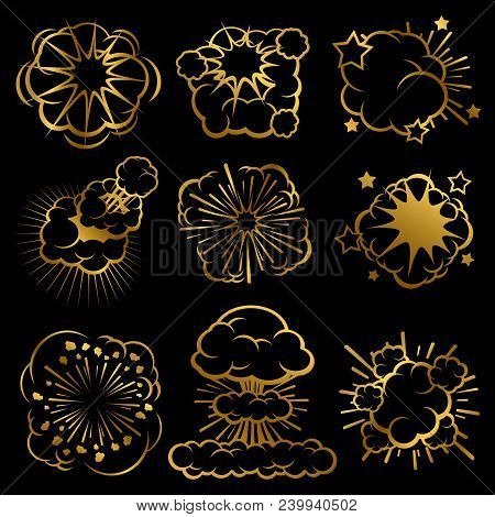 Golden Explosion Clouds. Comic Smoke Rings Vector Set Collection Illustration