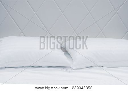 White Pillows On A Bed Comfortable Soft Pillows On The Bed