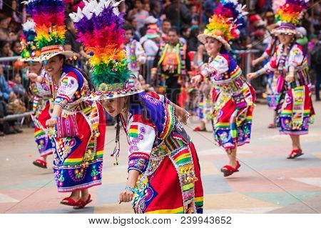 Oruro, Bolivia - February 10, 2018: Dancers At Oruro Carnival In Bolivia, Declared Unesco Cultural W
