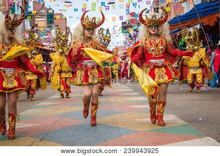 Oruro, Bolivia - February 10, 2018: Dancers At Oruro Carnival In Bolivia, Declared Unesco Cultural W