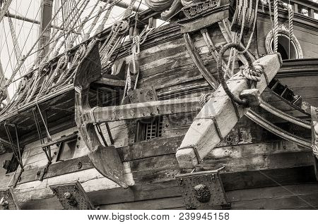 Genoa, Italy - May 14, 2017: Anchor Of The Galleon Neptun Old Wooden Ship In Porto Antico In Genoa, 