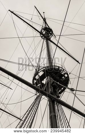 Genoa, Italy - May 14, 2017: Mast Of The Galleon Neptun Old Wooden Ship In Porto Antico In Genoa, It
