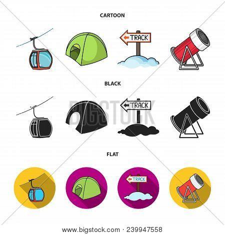 Funicular, Tent, Road Sign, Snow Cannon. Ski Resort Set Collection Icons In Cartoon, Black, Flat Sty