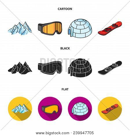 Mountains, Goggles, An Igloo, A Snowboard. Ski Resort Set Collection Icons In Cartoon, Black, Flat S