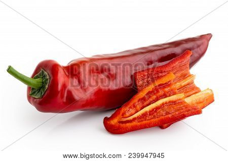 Ramiro Sweet Pointed Pepper Isolated On White And Two Cut Pieces Without Seeds.