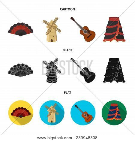 Fan Spanish, Mill, Guitar, Skirt For National Spanish Dances. Spain Country Set Collection Icons In 