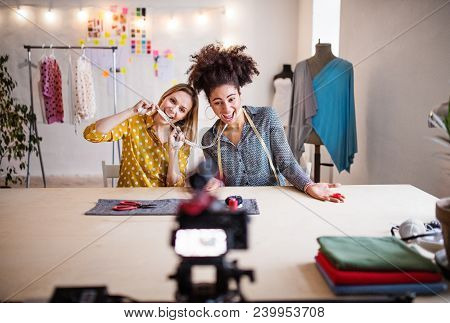 A Camera With A Slider And Creative Women In A Studio. Startup Business.
