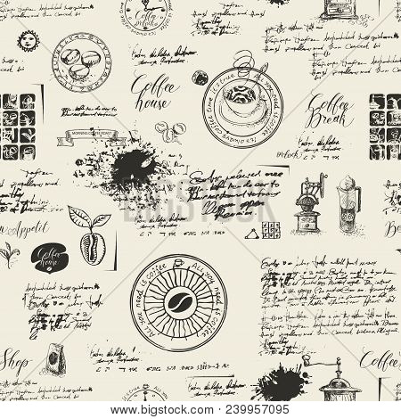 Vector Seamless Pattern On The Coffee Theme With A Various Coffee Symbols, Blots And Inscriptions On