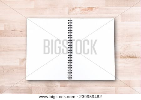 Notebook Paper Top View On Wooden Table. White Blank Notebook Paper Opened For Message On Modern Woo