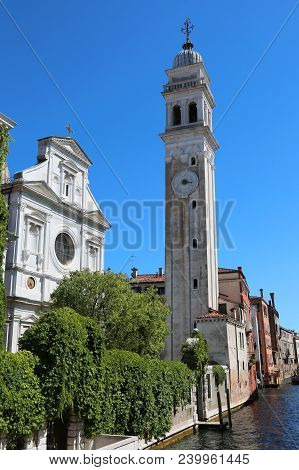 Ancient Church And Bell Tower Called San Giorgio Dei Greci In Venice In Italy