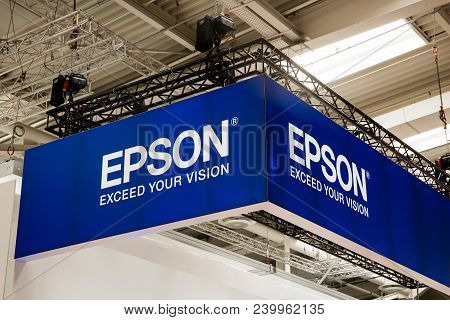 Hannover, Germany - April, 2018: Epson Logo Sign On Booth Stand On Messe Fair In Hannover, Germany