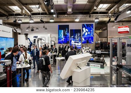 Hannover, Germany - April, 2018: Ibg Presenting Robot And Human Collaboration On Messe Fair In Hanno