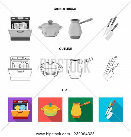 Kitchen Equipment Flat, Outline, Monochrome Icons In Set Collection For Design. Kitchen And Accessor