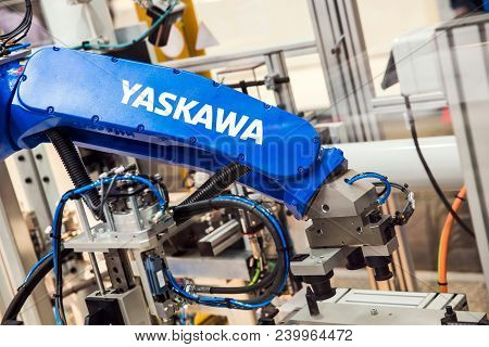 Hannover, Germany - April, 2018: Yaskawa Robot Arm On Messe Fair In Hannover, Germany