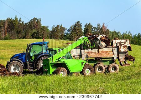 Natural Manure Agro Bio Fertilization. Loading Manure Onto Tractor. Agricultural Landscape In The Cz