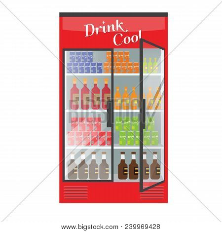 Refrigerated Supermarket Display Case Full With Multiple Drinks And Beverages. Illustrated Vector Fo
