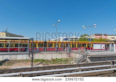 Berlin Germany - April 20. 2018: German S-bahn Train At Berlin Charlottenburg Train Station