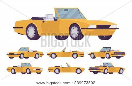 Yellow Cabriolet Car Set. Roadsters Passenger Vehicle With A Roof Folds Down, Convertible Top, Two S