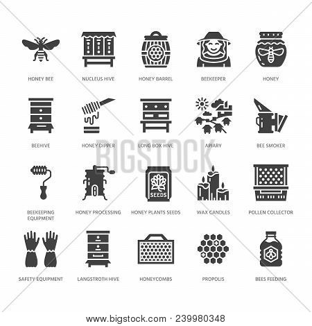 Beekeeping, Apiculture Flat Glyph Icons. Beekeeper Equipment, Honey Processing, Honeybee, Beehives, 