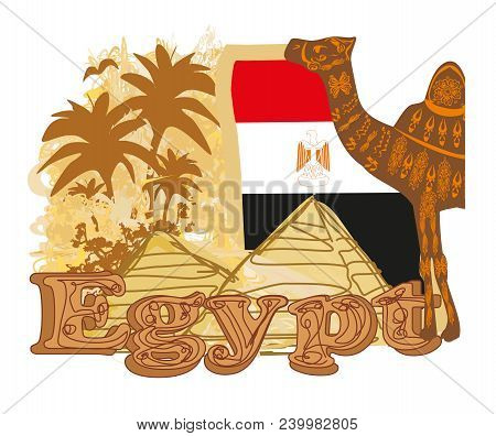 Vintage Banner With Pyramids Giza, Flag And Camel , Vector Illustration